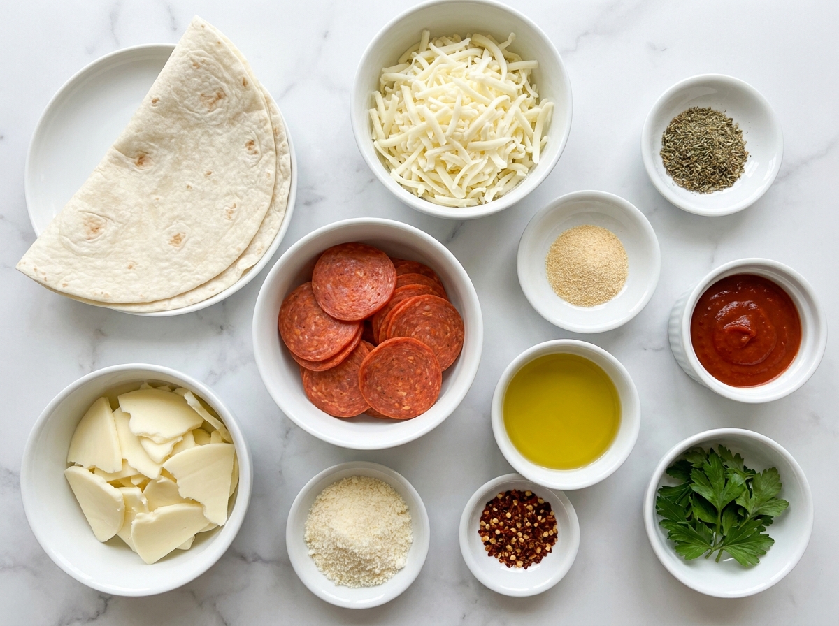 Ingredients for pepperoni pizza quesadillas with tortillas and cheese