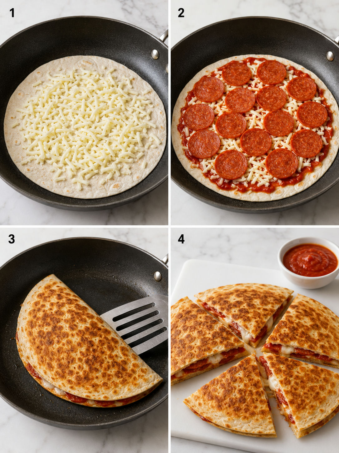 Four cooking steps for pepperoni pizza quesadillas in a skillet