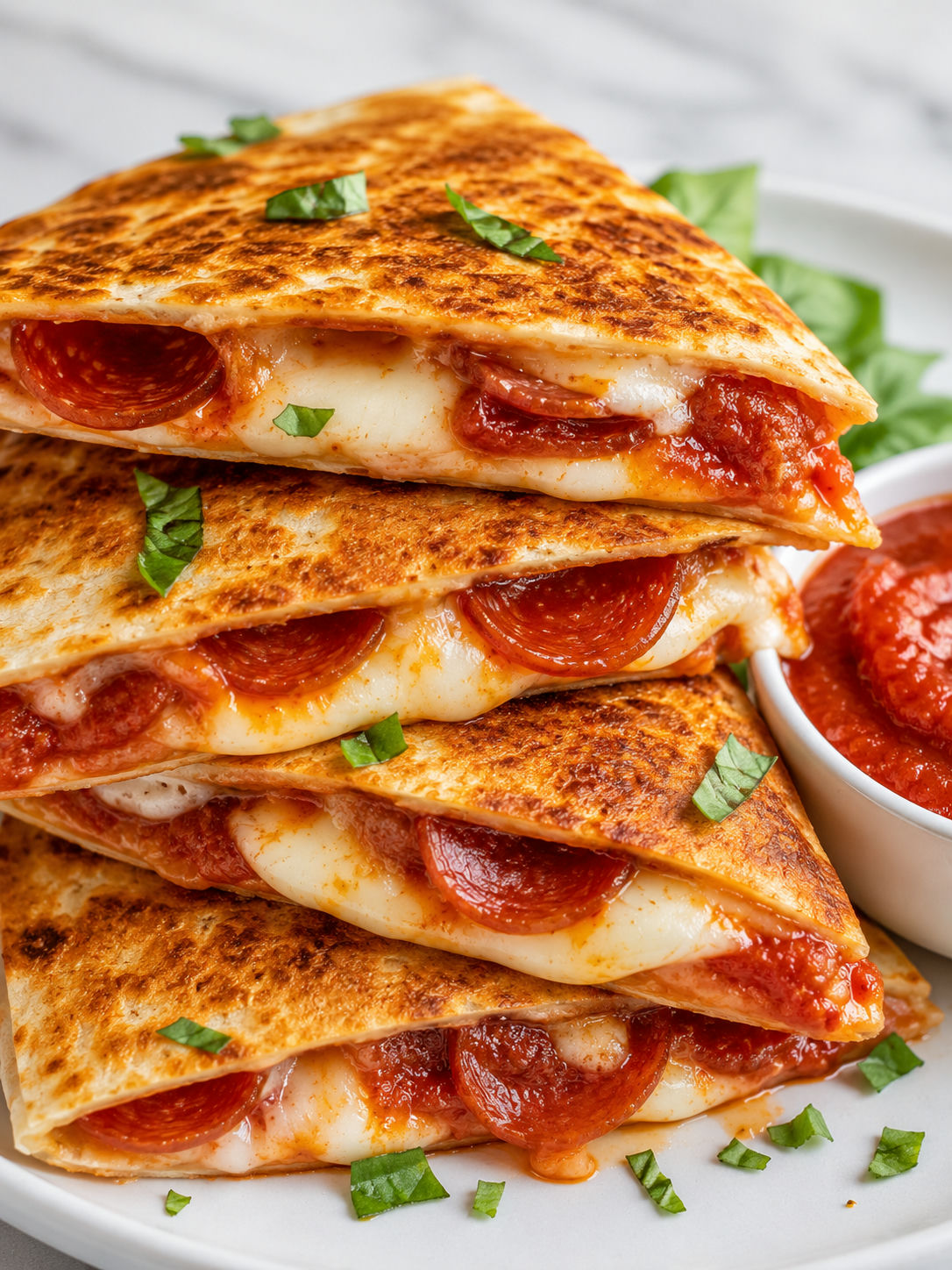 Crispy pepperoni pizza quesadilla wedges with gooey mozzarella