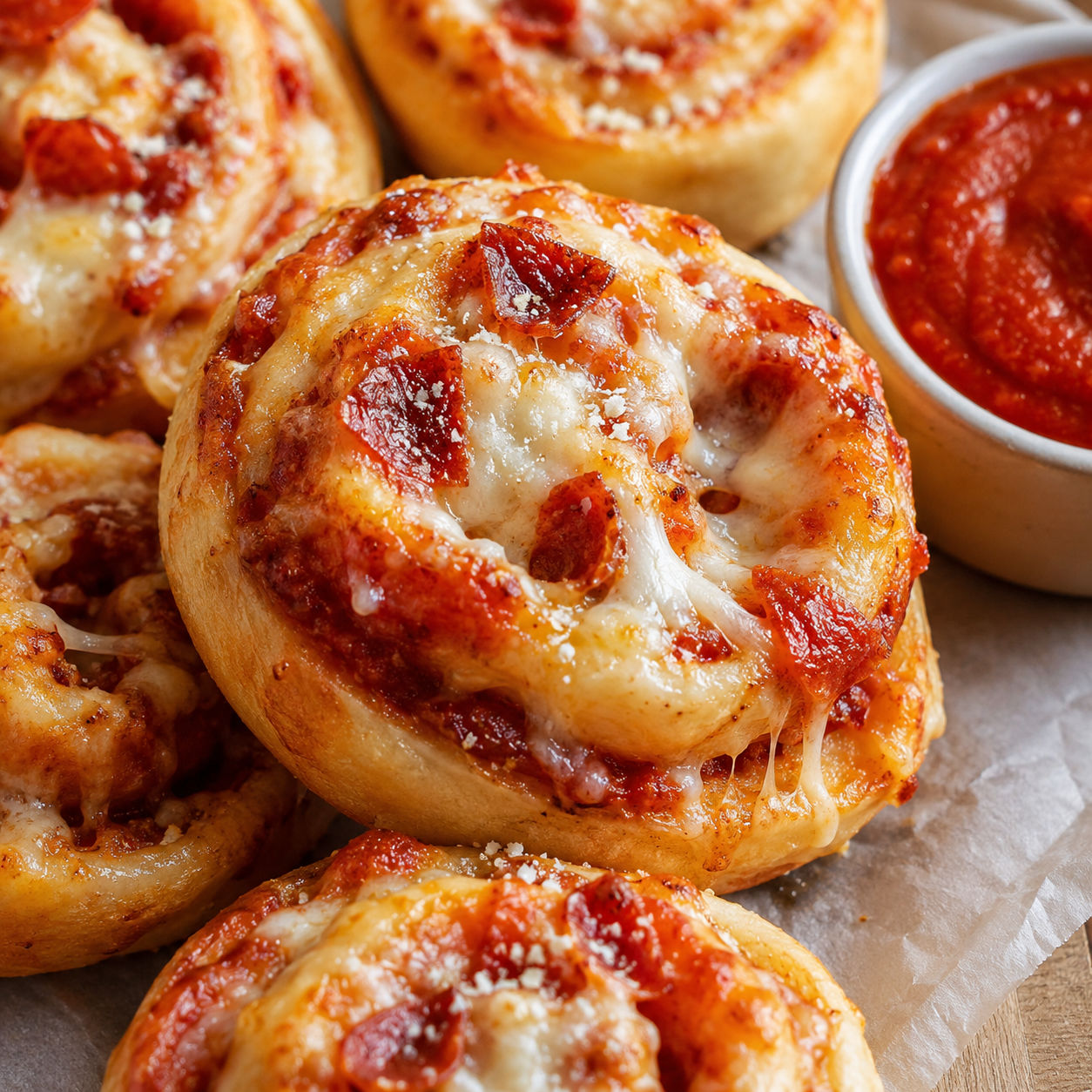 Golden pepperoni pizza rolls with melted mozzarella and marinara dip