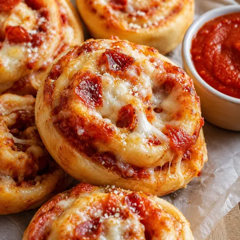 Golden pepperoni pizza rolls with melted mozzarella and marinara dip