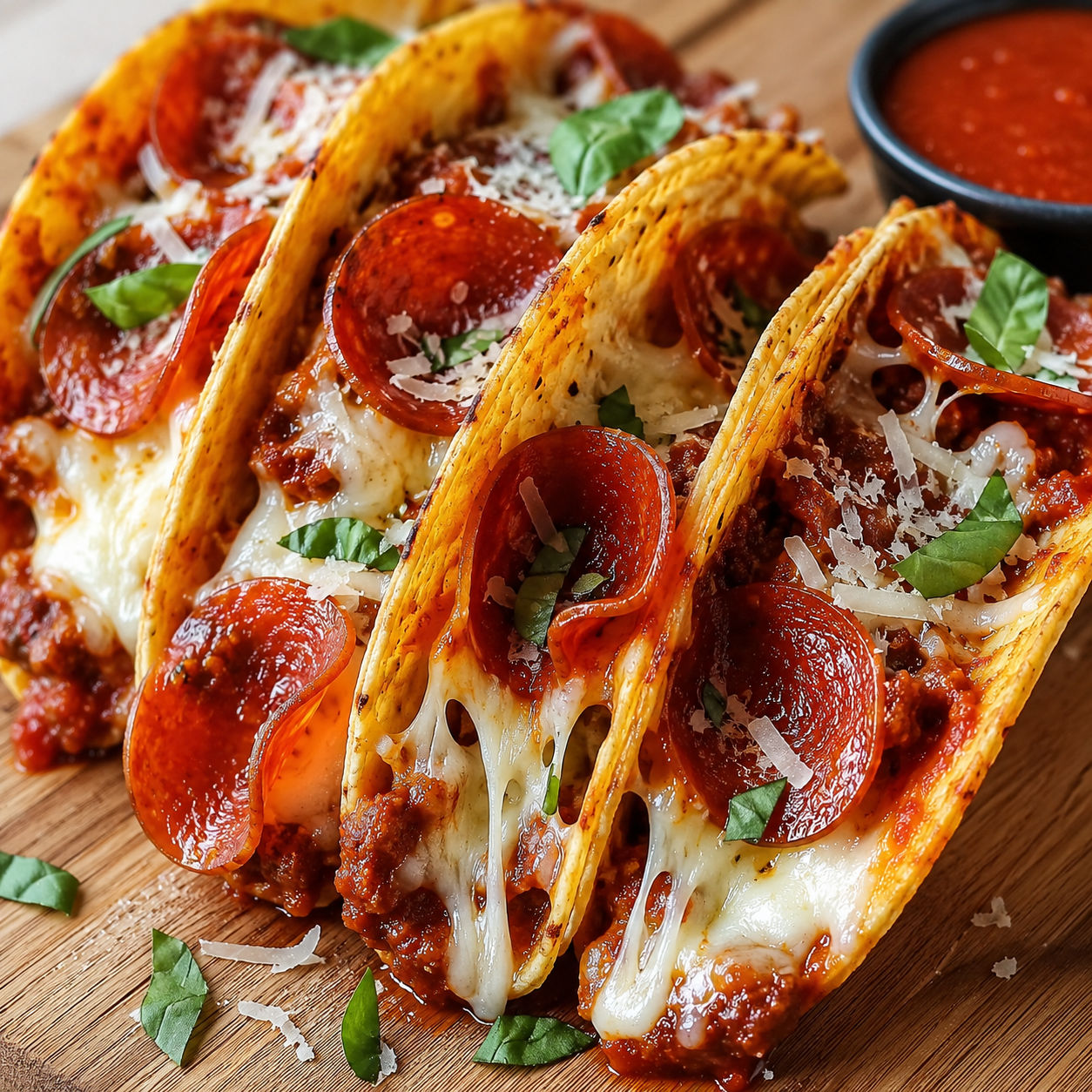 Pepperoni pizza tacos with melted mozzarella and fresh basil