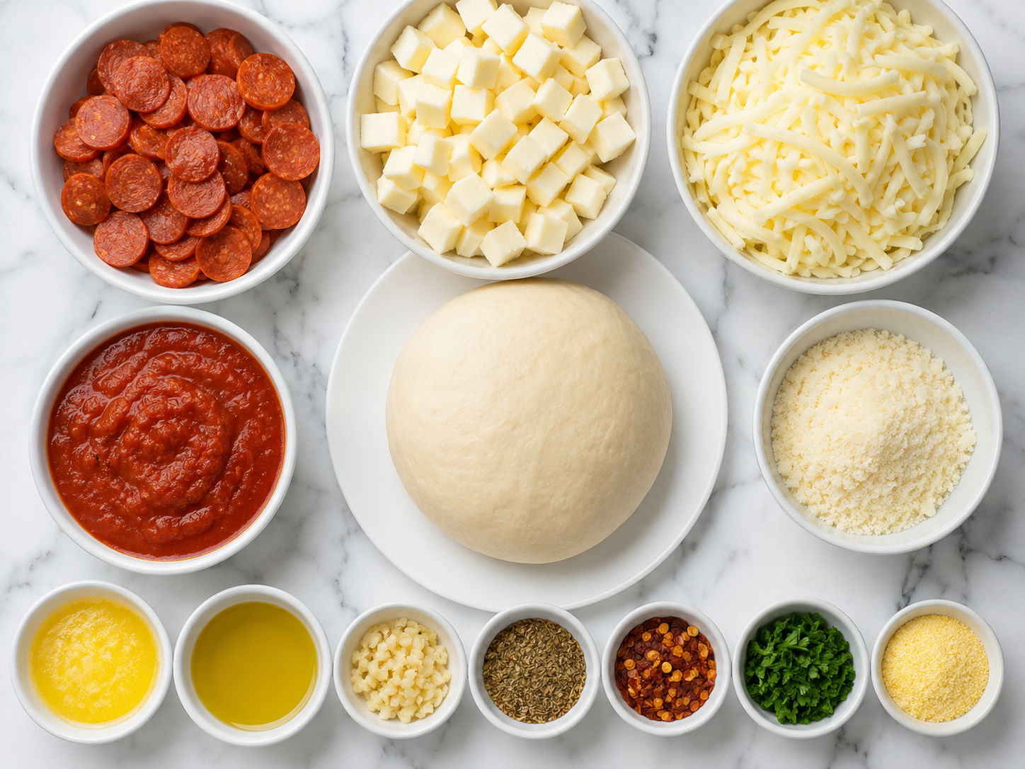 Ingredients for pepperoni pizza volcano with dough, cheese, pepperoni, and sauce