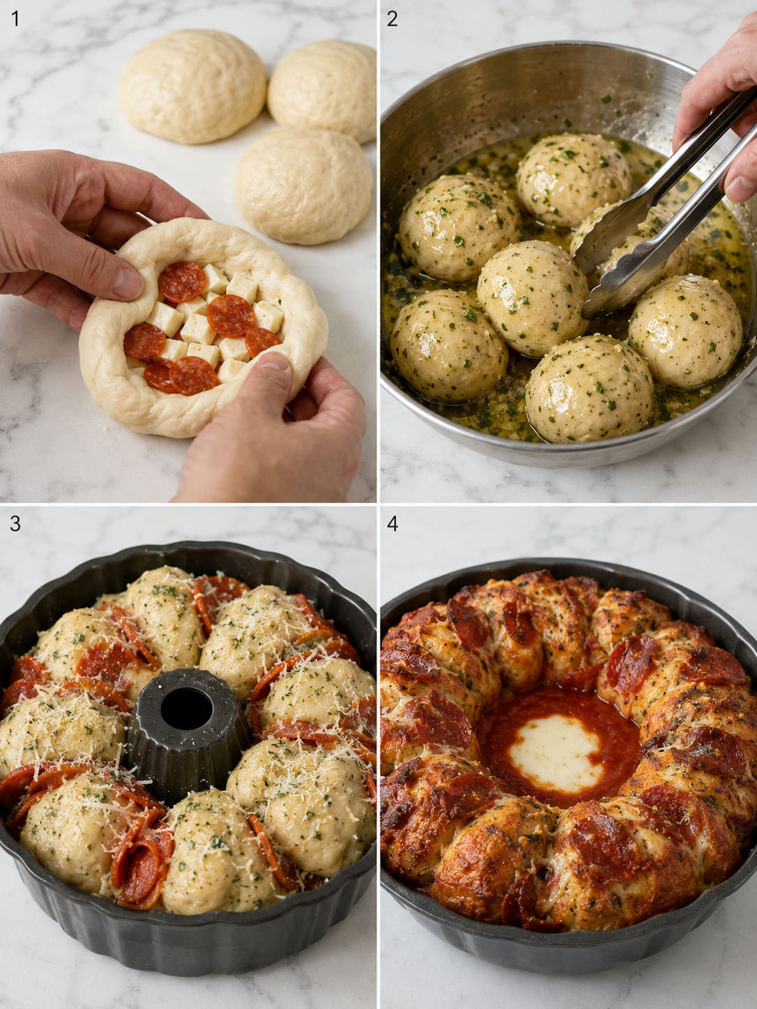 Four steps for making pepperoni pizza volcano from stuffing to saucing