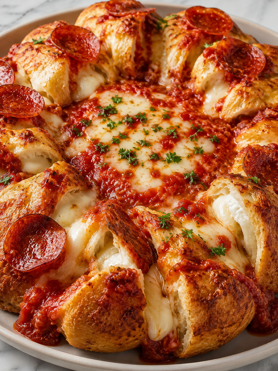 Pepperoni pizza volcano with cheese lava and crisp pepperoni filling the frame