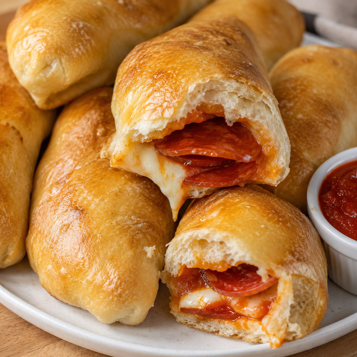 Golden pepperoni rolls with melted mozzarella and marinara