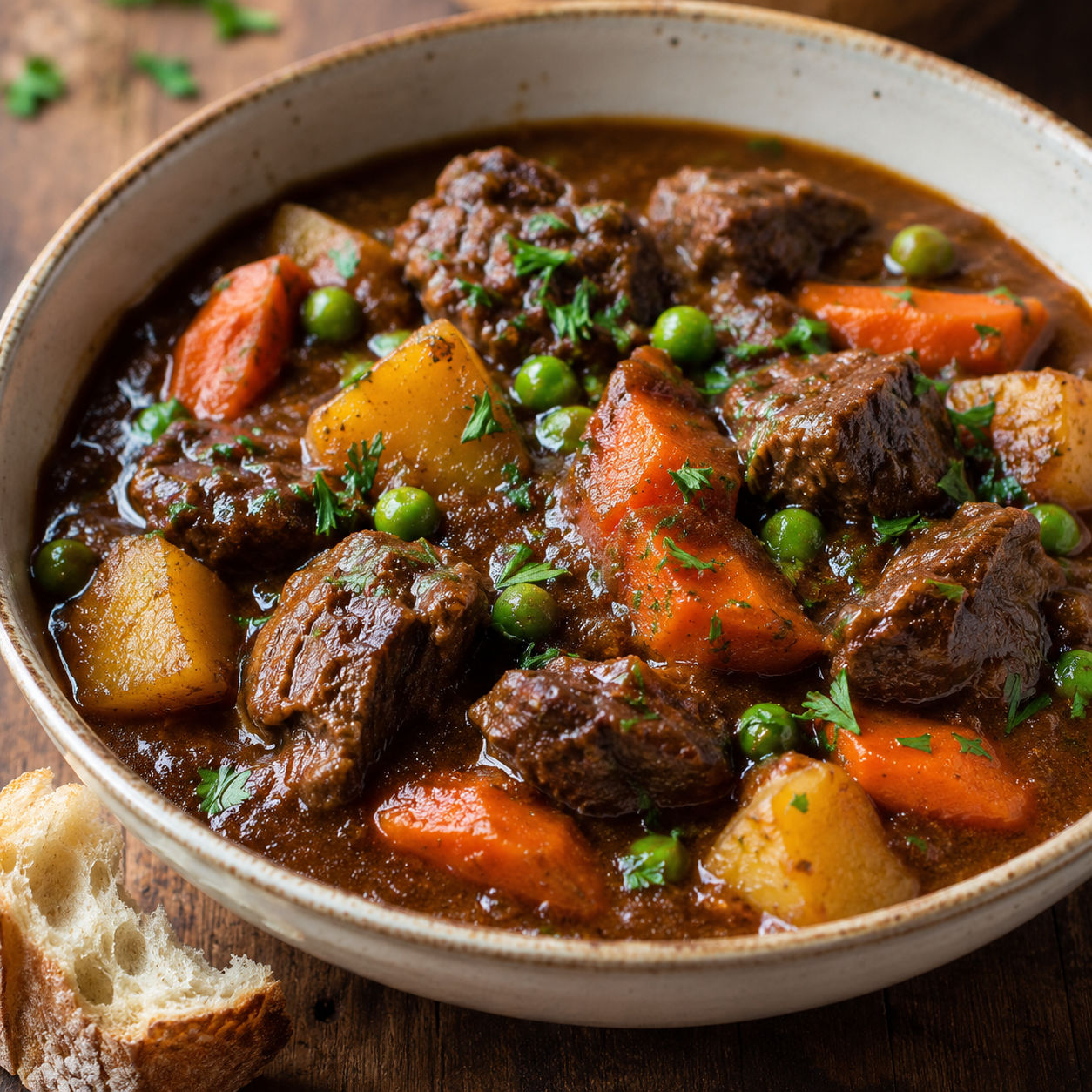 Beef stew with carrots, potatoes, peas, and parsley in a cream bowl