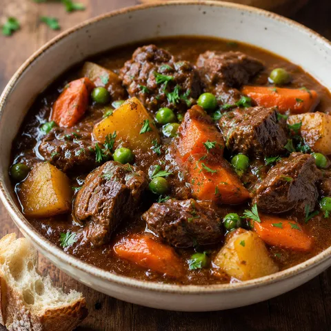 Beef stew with carrots, potatoes, peas, and parsley in a cream bowl