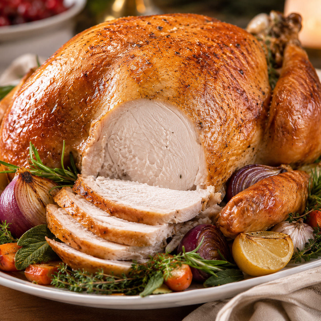 Golden herb butter roast turkey with lemon and roasted vegetables