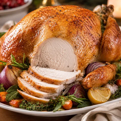 Golden herb butter roast turkey with lemon and roasted vegetables