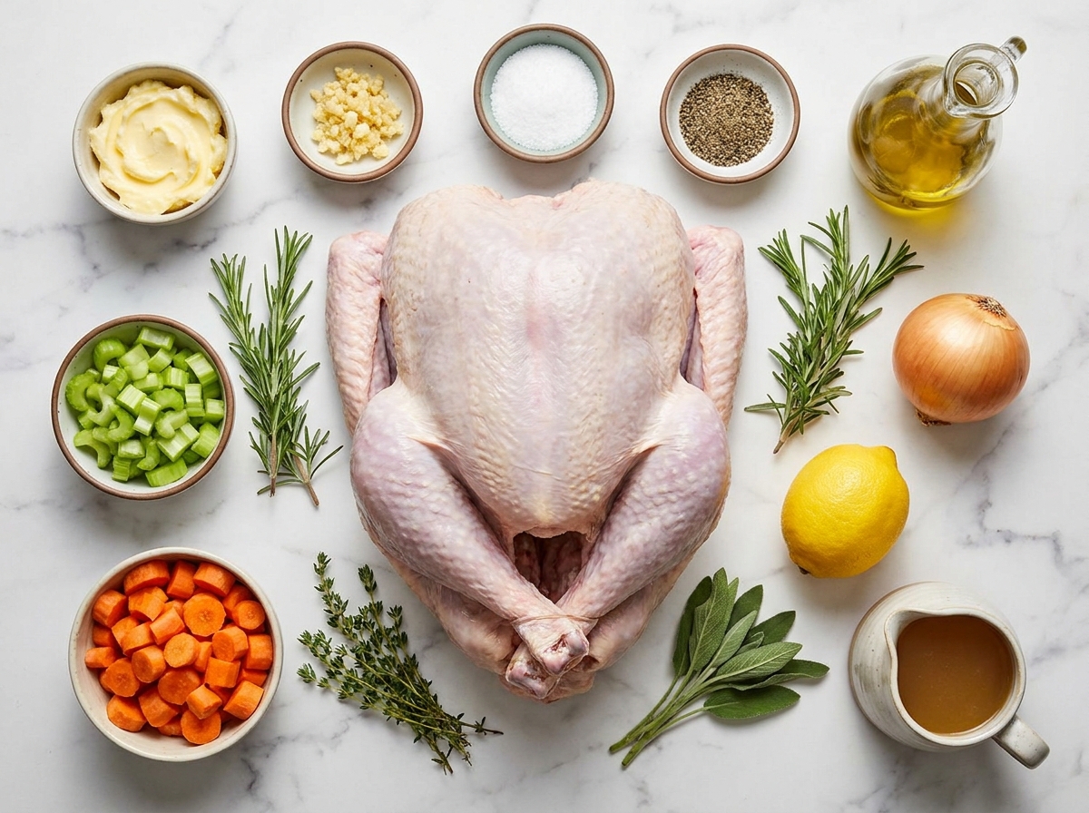 Raw ingredients for herb butter roast turkey on a wooden surface