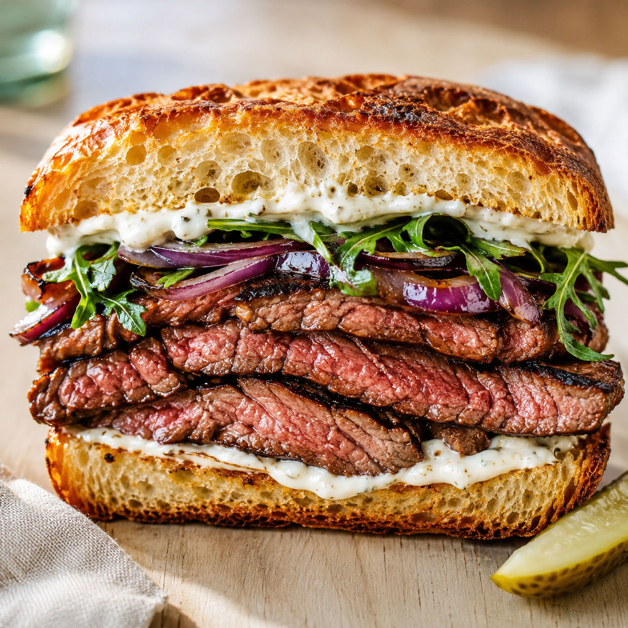 Steak sandwich with horseradish sauce, grilled onions, and arugula on ciabatta