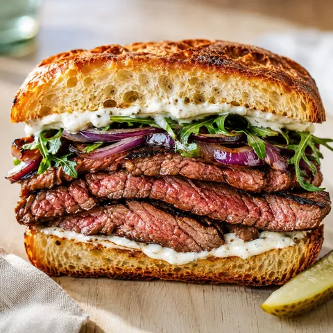 Steak sandwich with horseradish sauce, grilled onions, and arugula on ciabatta