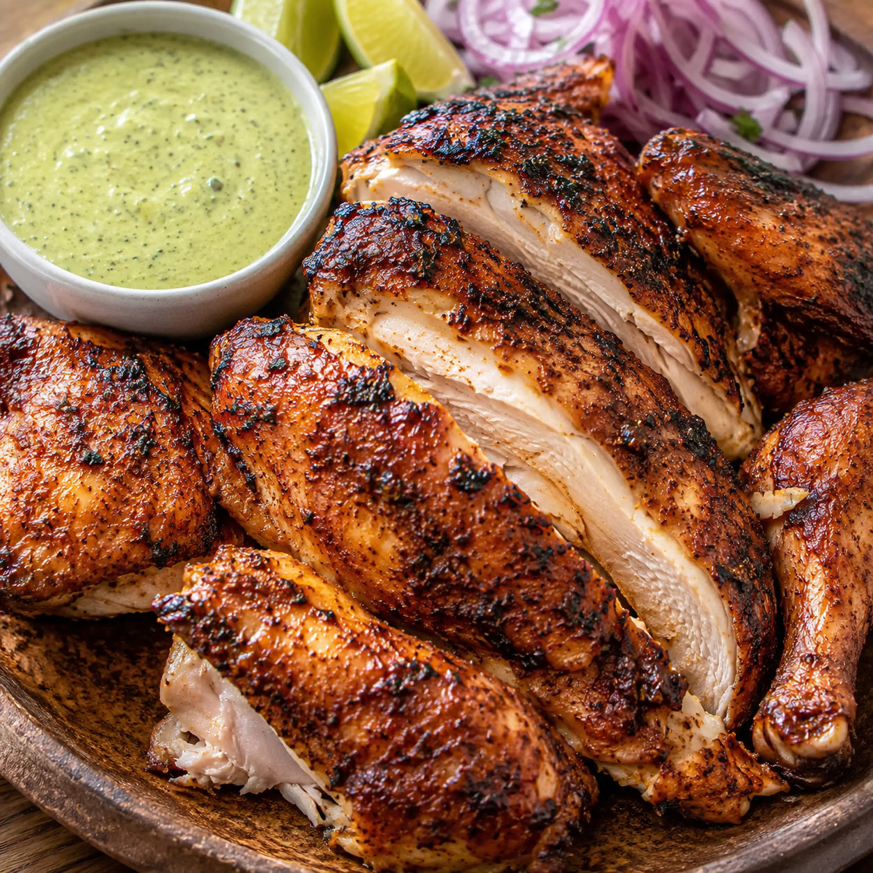 Peruvian-style grilled chicken with green sauce and lime wedges