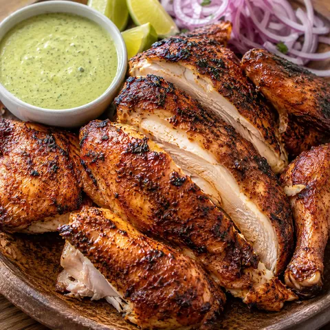 Peruvian-style grilled chicken with green sauce and lime wedges