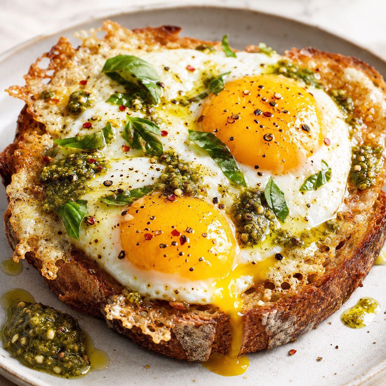 Pesto fried eggs with parmesan on golden sourdough toast