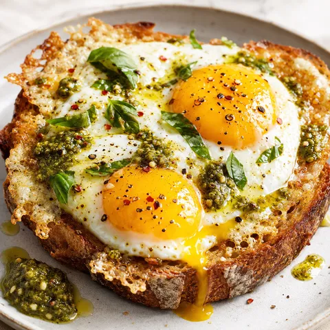Pesto fried eggs with parmesan on golden sourdough toast