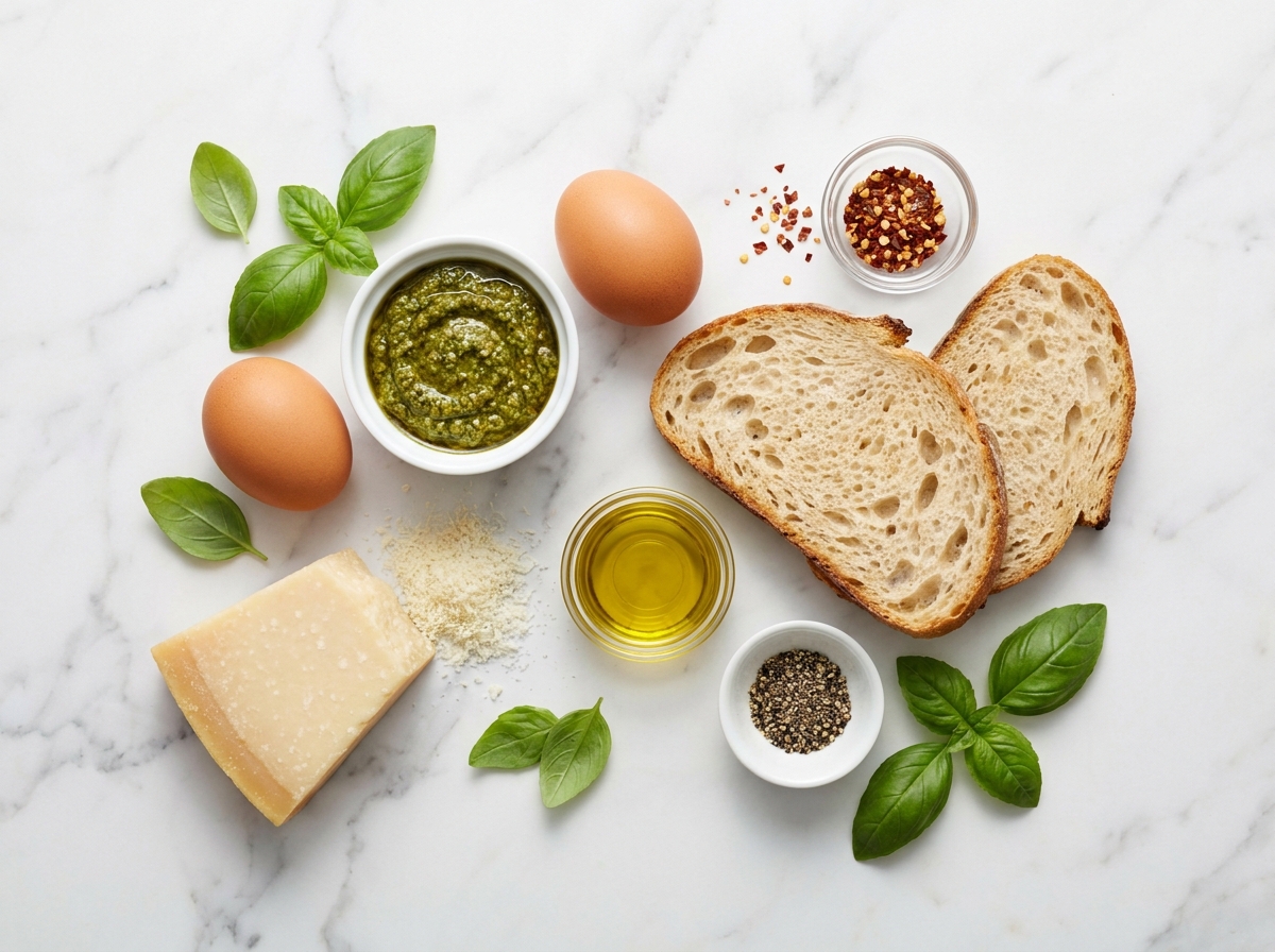 Eggs, basil pesto, parmesan, sourdough, and basil for breakfast toast