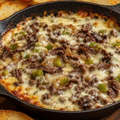 Hot Philly cheese steak dip with provolone and toasted bread