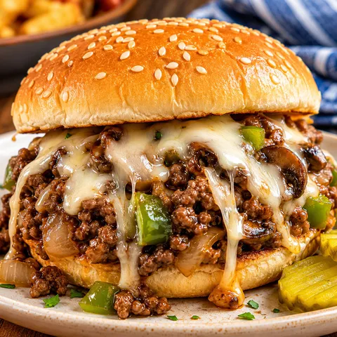 Philly Cheese Steak Sloppy Joes with melted provolone on toasted buns