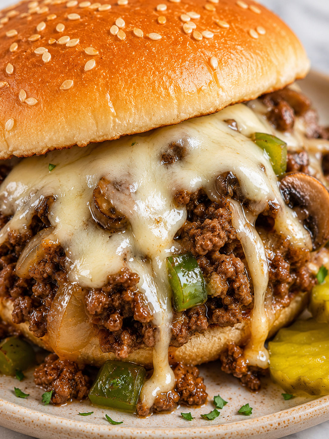 Philly Cheese Steak Sloppy Joes, plated and served