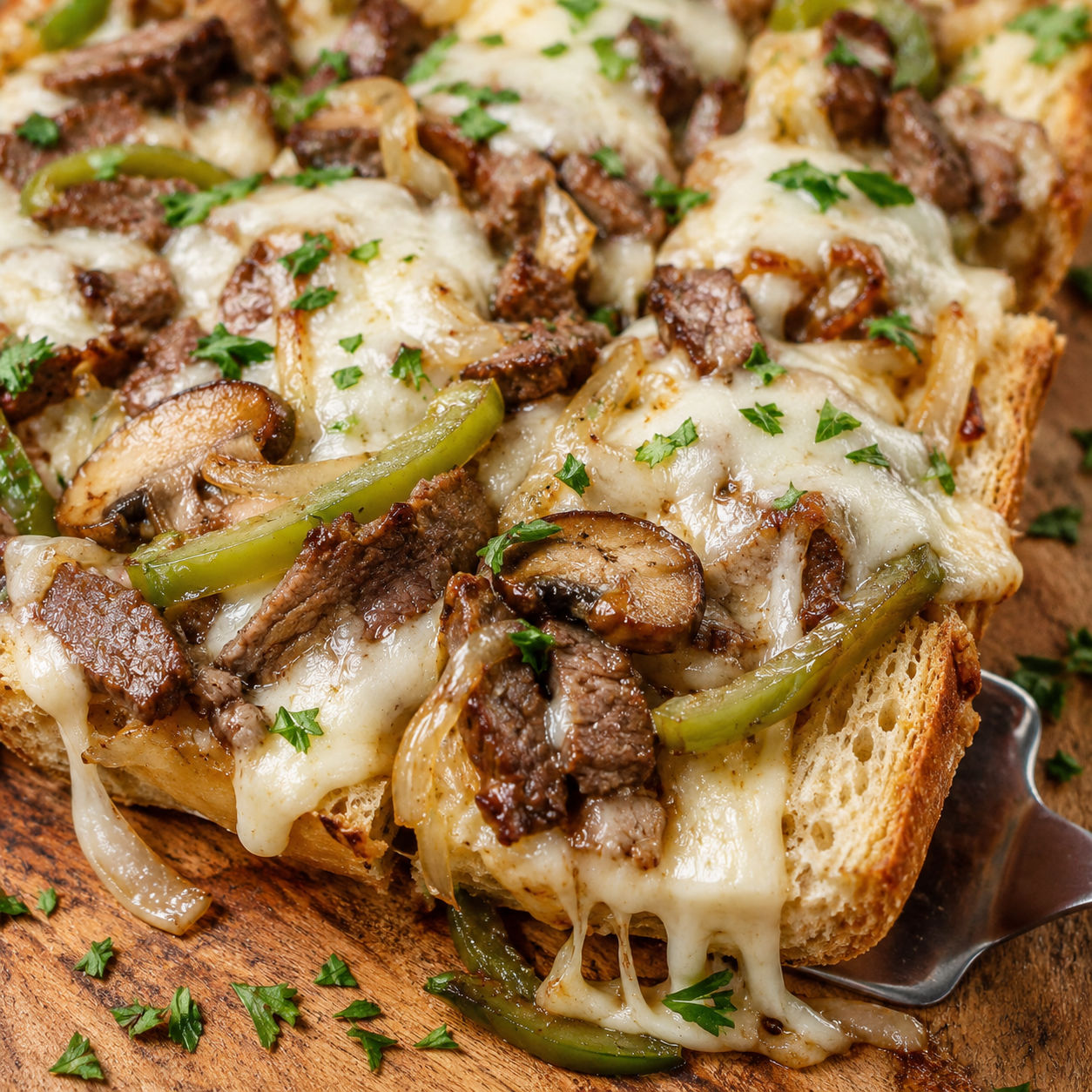 Philly Cheesesteak Cheesy Bread with steak, peppers, onions, and melted cheese
