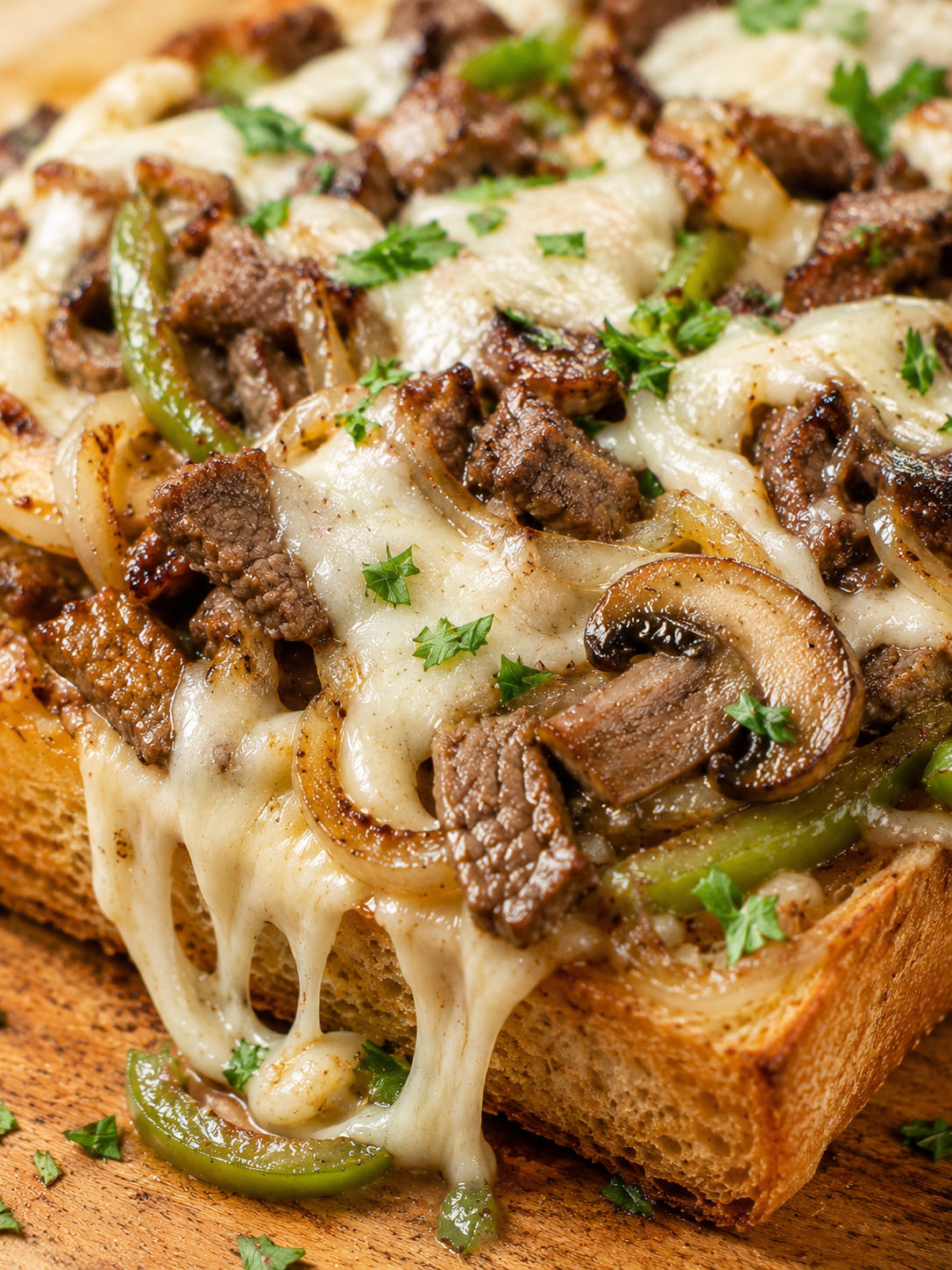 Philly Cheesesteak Cheesy Bread, plated and served