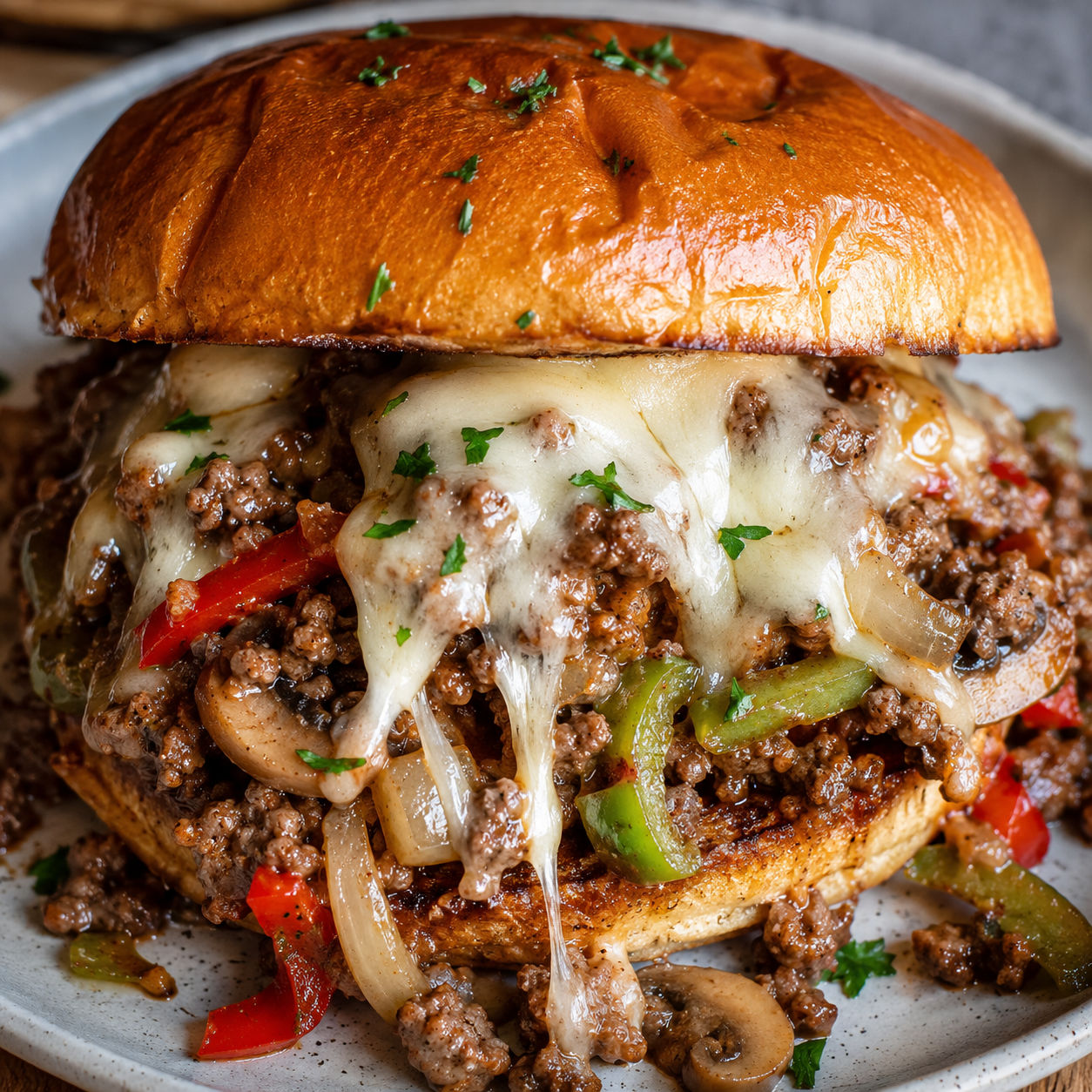 Philly cheesesteak sloppy joe with peppers and melted provolone on a toasted bun