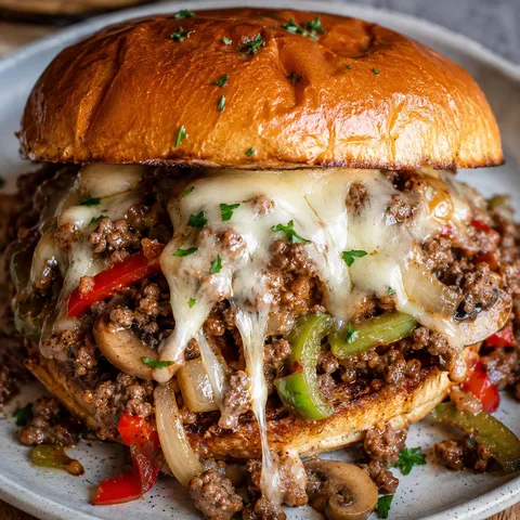 Philly cheesesteak sloppy joe with peppers and melted provolone on a toasted bun
