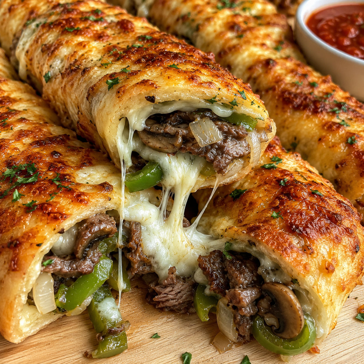 Philly cheesesteak stuffed breadsticks with melted cheese and steak filling