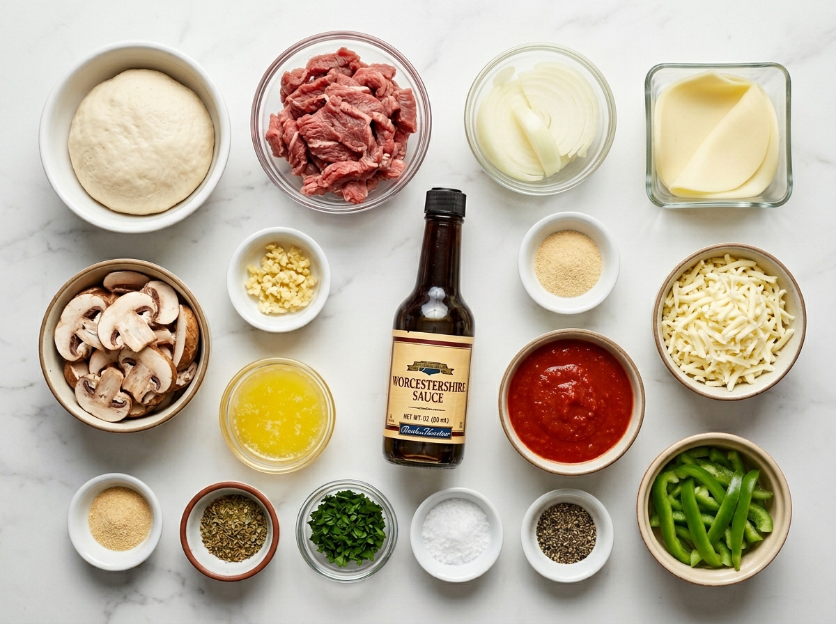 Ingredients for Philly cheesesteak stuffed breadsticks with steak and cheese