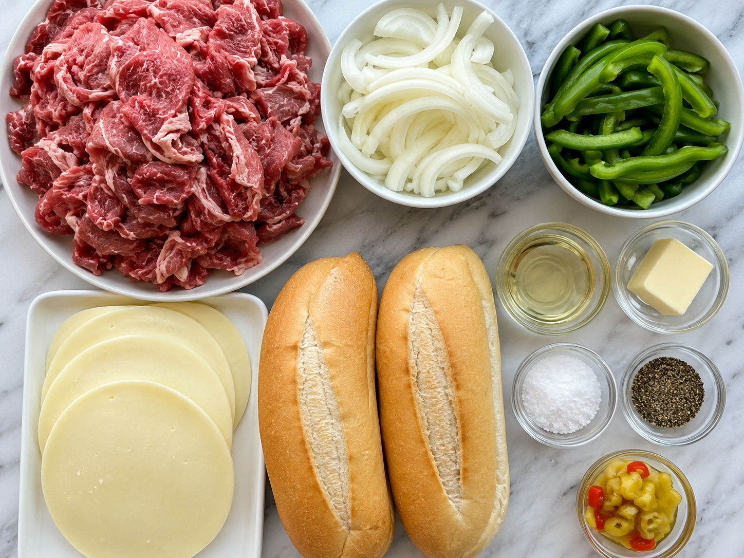 Raw ribeye, onions, provolone, and hoagie rolls for Philly Cheesesteak