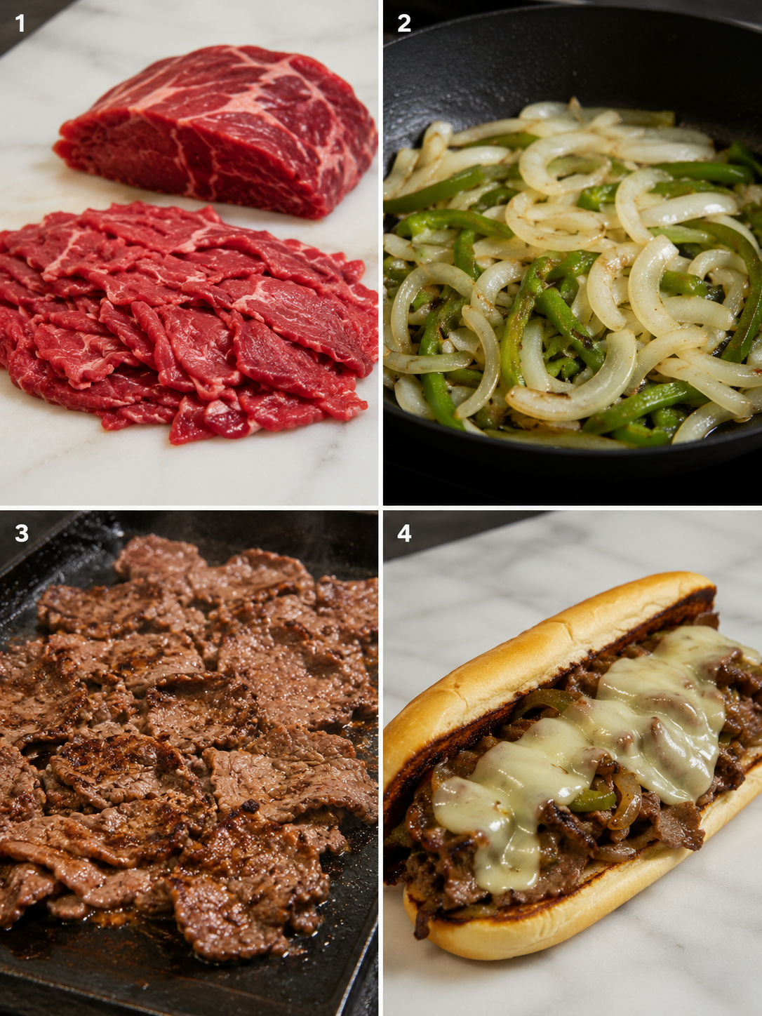 Four steps for making Philly Cheesesteak with steak, onions, and cheese