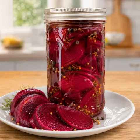 Jar of sliced pickled beets with whole spices on a light wooden table