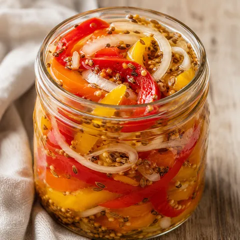 Pickled pepper and onion relish in a glass jar with red and yellow peppers