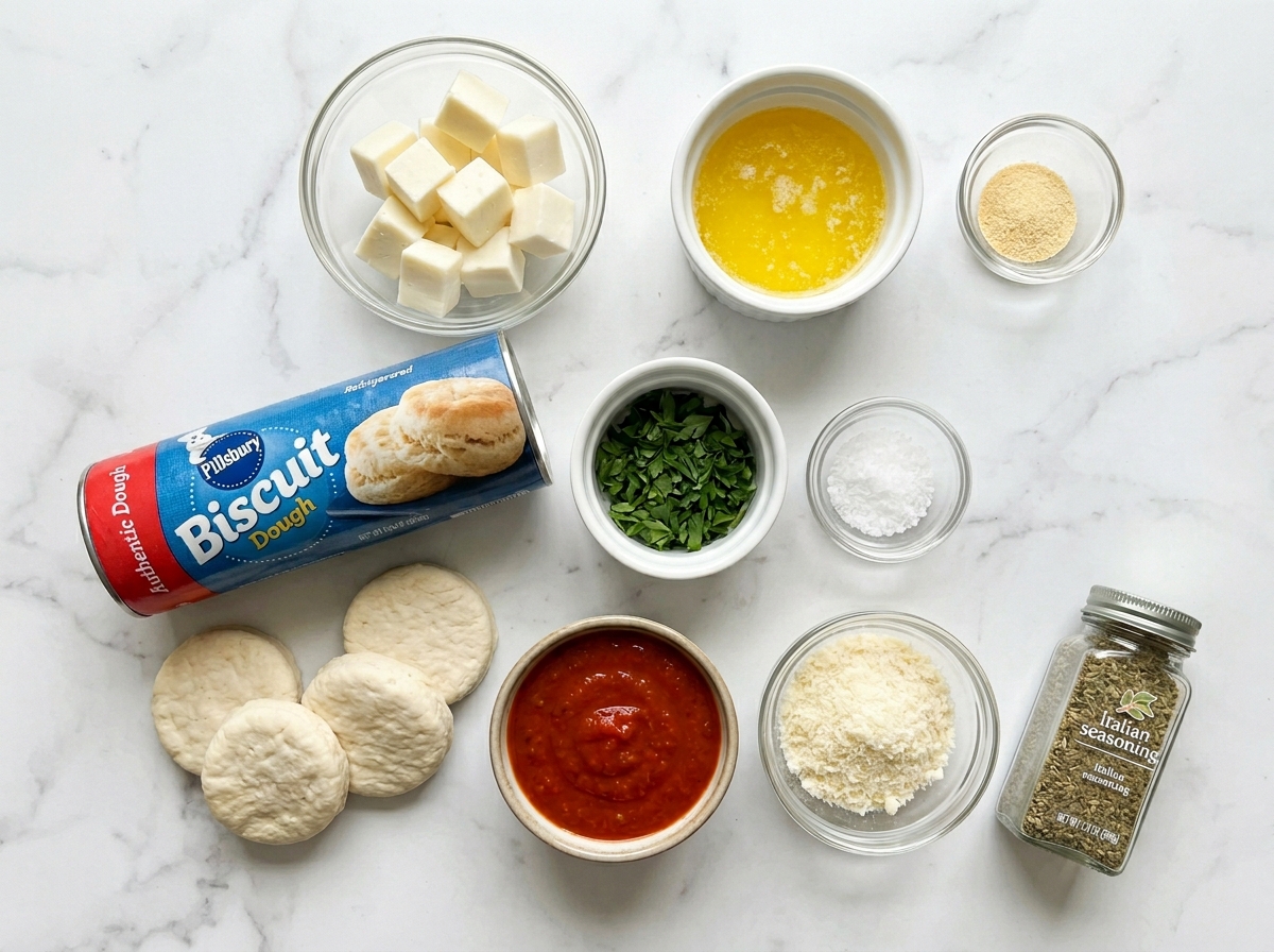 Ingredients for garlic butter cheese biscuit bombs with mozzarella and butter
