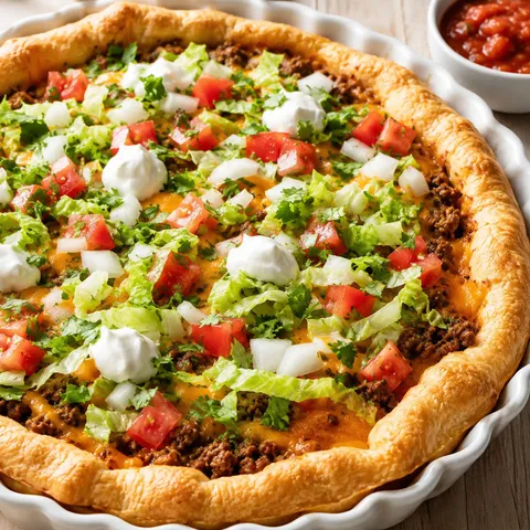 Pillsbury Crescent Roll Taco Bake with cheddar, lettuce, tomatoes, and sour cream
