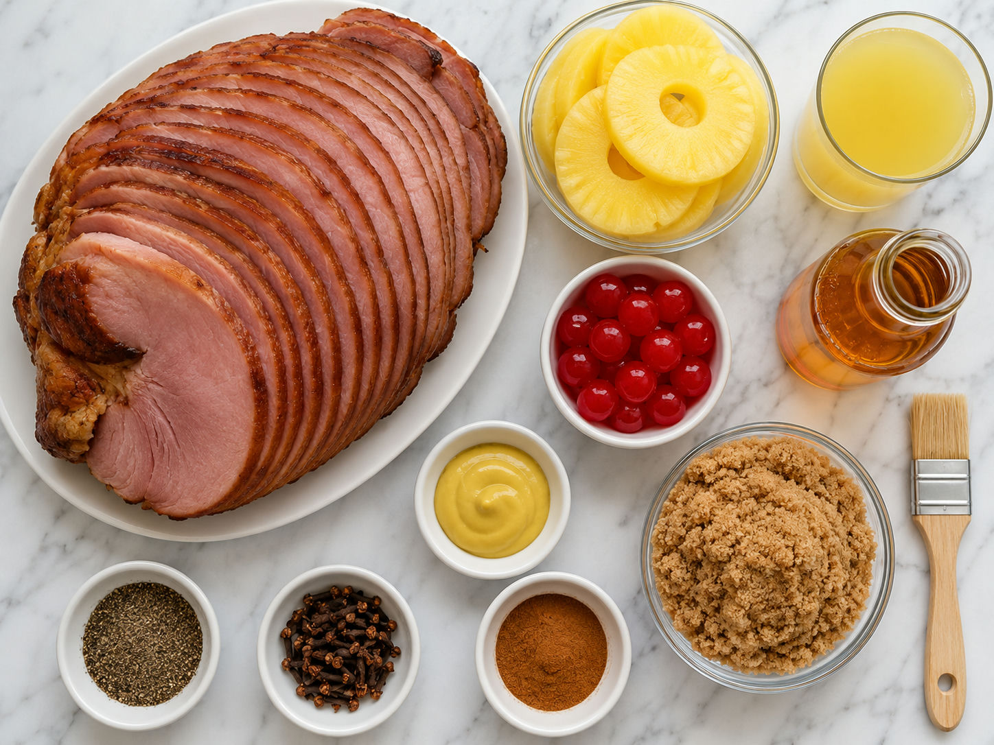 Ingredients for pineapple brown sugar glazed ham on a wooden surface