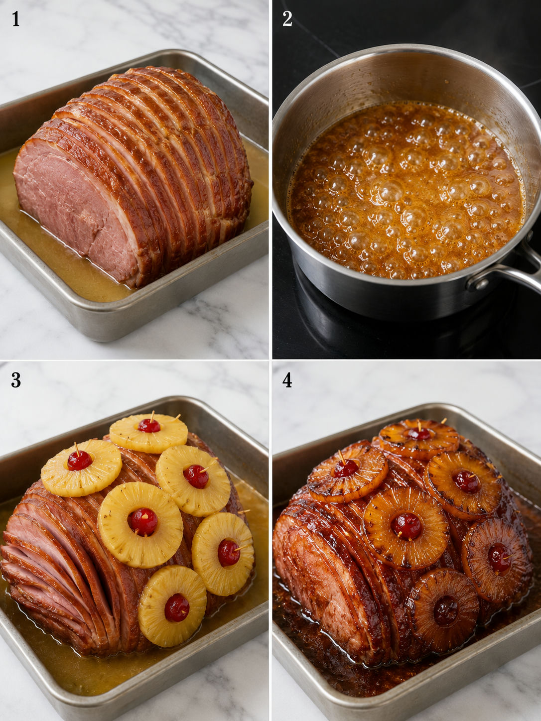 Four cooking steps for pineapple brown sugar glazed ham