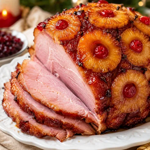 Pineapple brown sugar glazed ham with cherries on a white platter