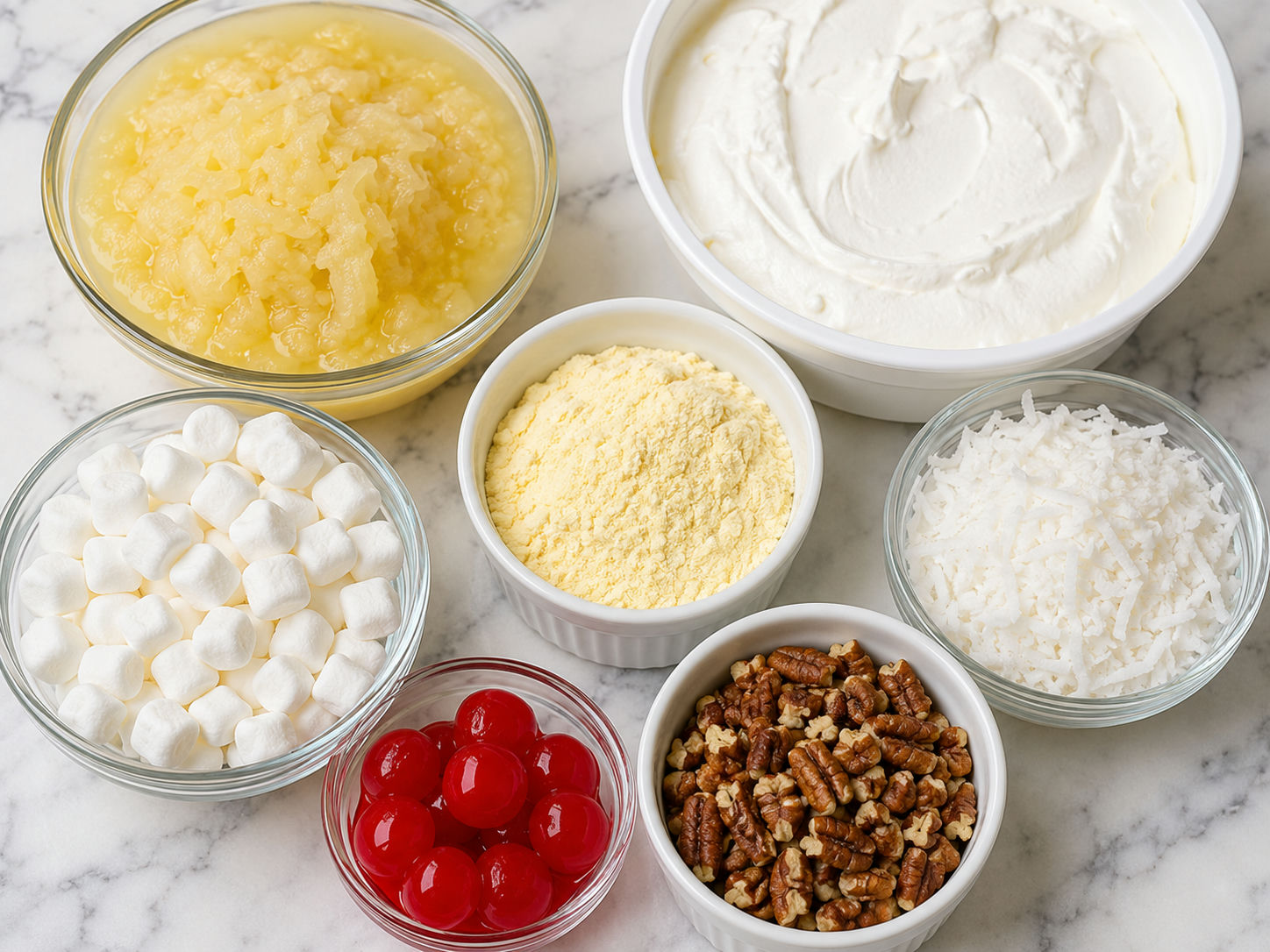 Ingredients for Pineapple Fluff with pineapple, pudding, marshmallows, coconut, and pecans