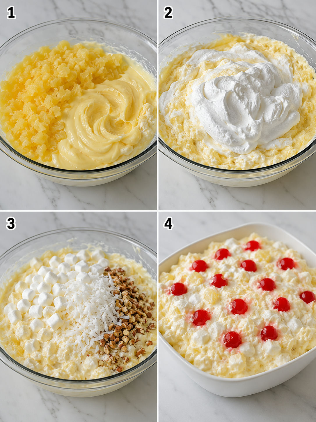 Four steps for making Pineapple Fluff from mixing pineapple to garnishing