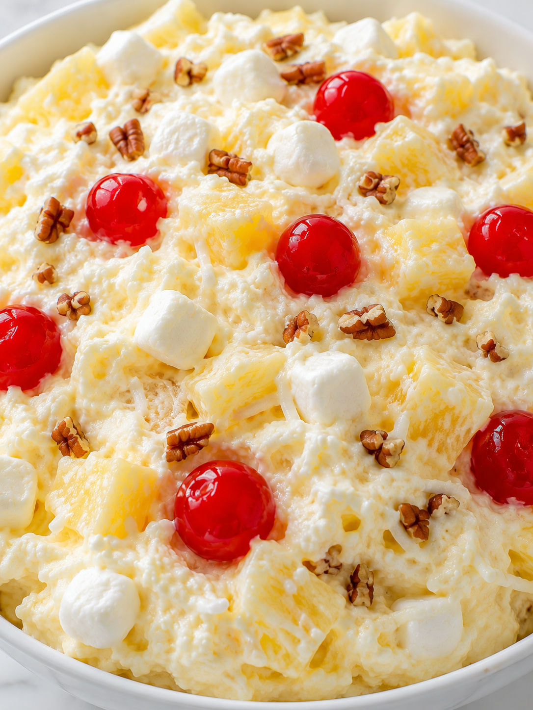 Pineapple Fluff topped with cherries, coconut, marshmallows, and chopped pecans