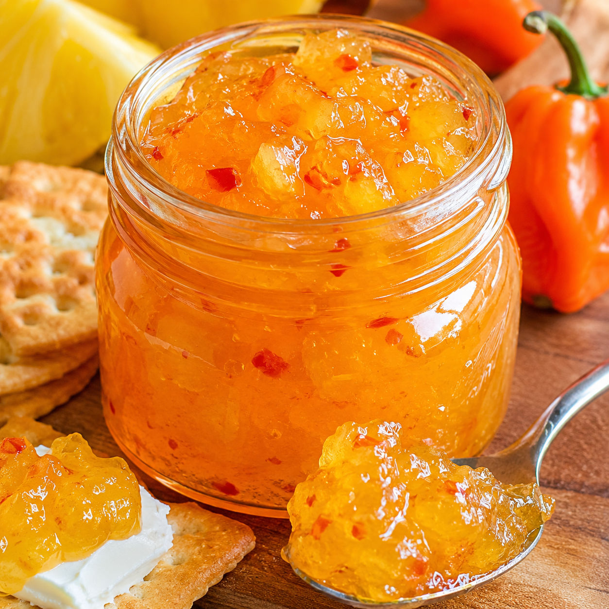 Golden pineapple habanero pepper jelly in a jar with crackers