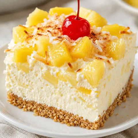 Pineapple Heaven Cheesecake slice with pineapple, coconut, and cherry
