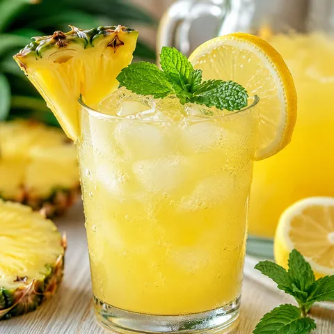 Pineapple Lemonade with ice, mint, pineapple wedge, and lemon wheel