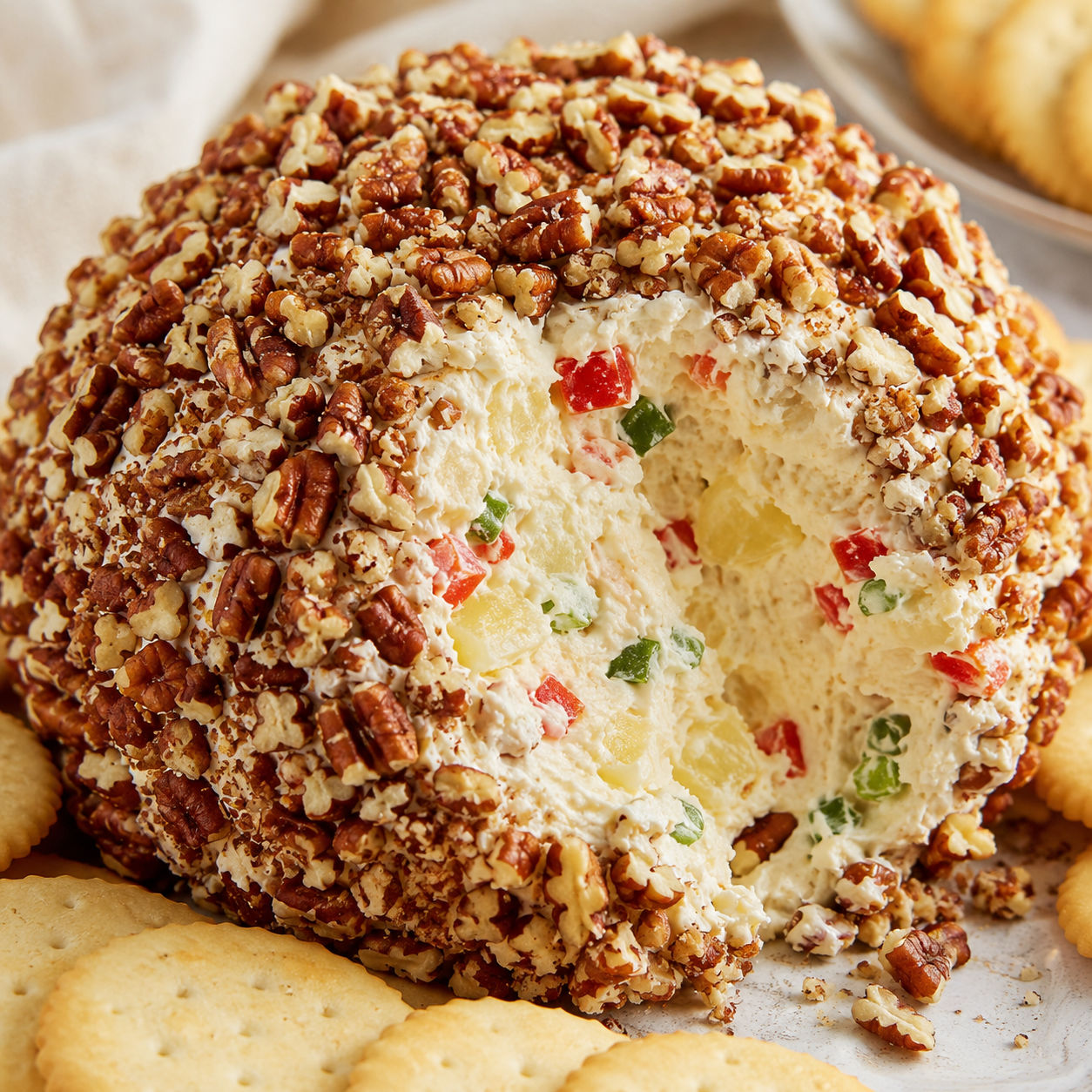 Pineapple pecan cheese ball with crackers on a light wooden table