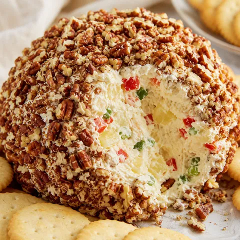 Pineapple pecan cheese ball with crackers on a light wooden table
