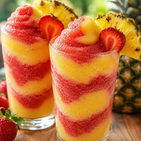 Pineapple strawberry swirled slushies in chilled glasses with fruit garnish