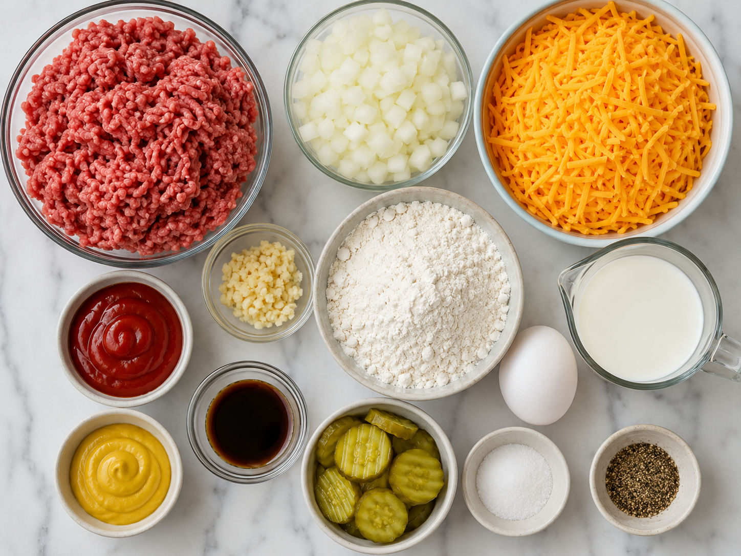 Ingredients for cheeseburger pie with beef, cheddar, eggs, milk, and pickles